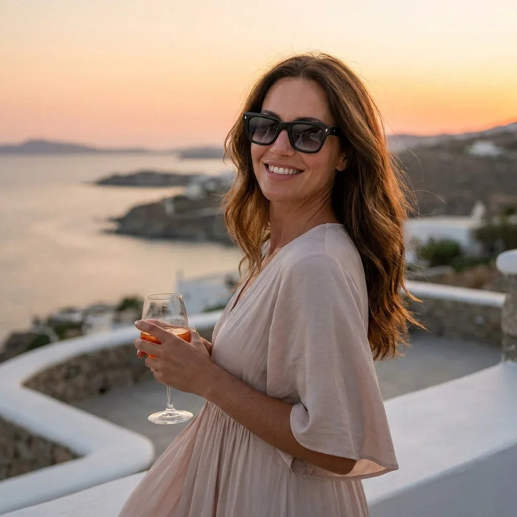 Mujer usando lentes sol Bruno polarizados UV400 mujer en playa arena oceano UV400 Bonoboss #color_degrade