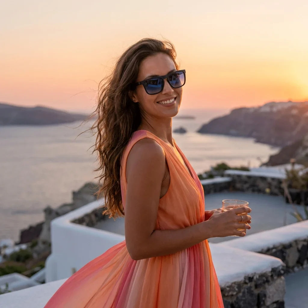 Mujer usando lentes sol Lautaro Dark acetato polarizados degrade azul playa arena proteccion solar UV400 Bonoboss #editorial_banner #color_degrade-azul