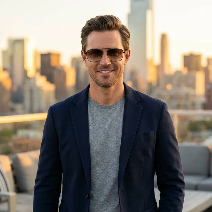 Hombre usando lentes sol Commander Reverse metal polarizados gun estilo urbano ciudad moderna Bonoboss #editorial_sustentabilidad #color_gun