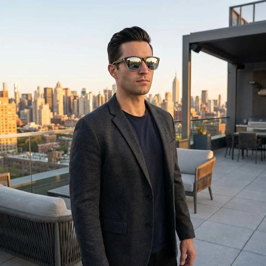 Hombre usando lentes sol Waimea polarizados UV400 hombre estilo urbano ciudad moderna Bonoboss #color_espejado-gris