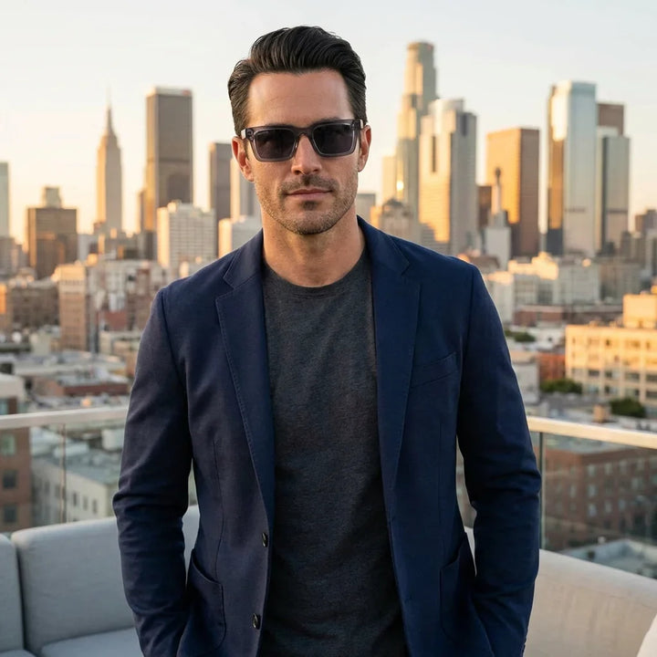 Hombre usando lentes sol Tokyo bio-acetato polarizados Transparente Gris hombre estilo urbano ciudad moderna Bonoboss #editorial_detail1 #color_transparente-gris