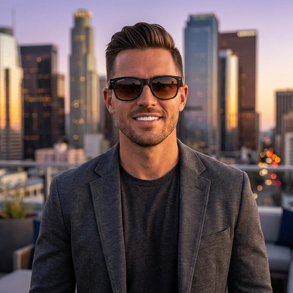 Hombre usando lentes sol Acacia Nogal polarizados UV400 hombre estilo urbano ciudad moderna Bonoboss #color_gradiente-cafe