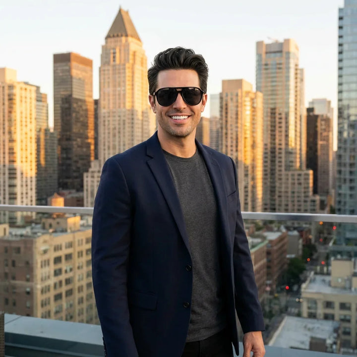 Hombre usando lentes sol Orson bio-acetato polarizados negro look urbano ciudad moderna estilo diario Bonoboss #editorial_banner #color_negro