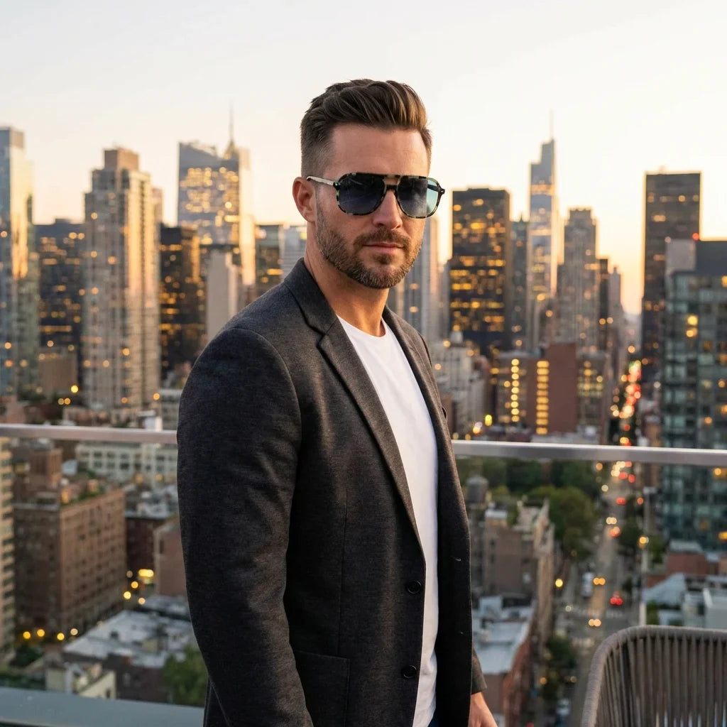 Hombre usando lentes sol Orson E.D bio-acetato polarizados verde urbano ciudad moderna estilo sofisticado proteccion UV Bonoboss #editorial_banner #color_verde