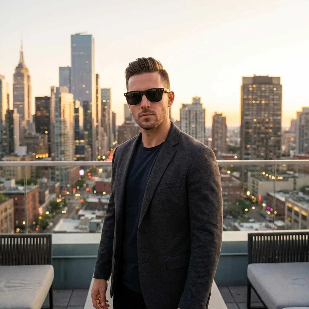 Hombre usando lentes sol Acacia Designer's polarizados UV400 hombre estilo urbano ciudad moderna Bonoboss #color_fisherman