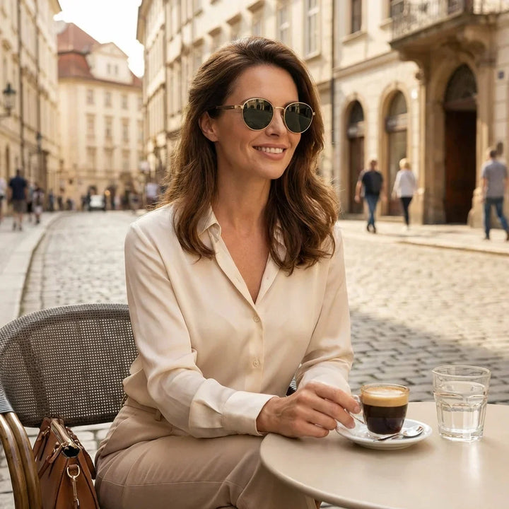 Mujer usando lentes sol Harry Gold metal polarizados g15 urbano ciudad moderna estilo sofisticado Bonoboss #editorial_sustentabilidad #color_g15