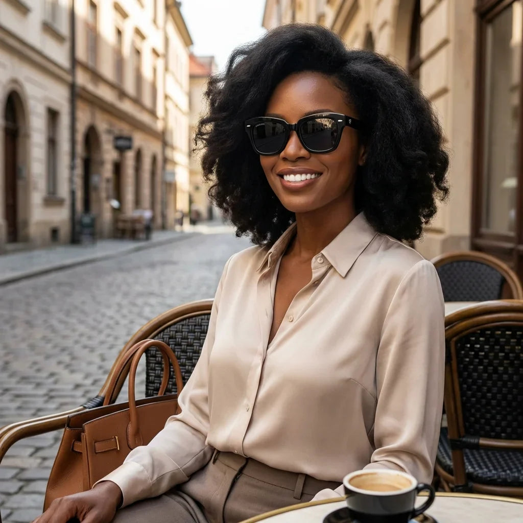 Mujer usando lentes sol Selkie Vintage polarizados UV400 mujer estilo urbano ciudad moderna Bonoboss #color_negro