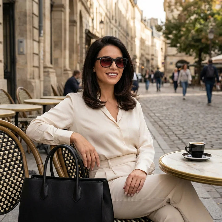 Mujer usando lentes sol Acacio rPET RPET reciclado polarizados rojo estilo urbano ciudad moderna Bonoboss #editorial_detail1 #color_rojo