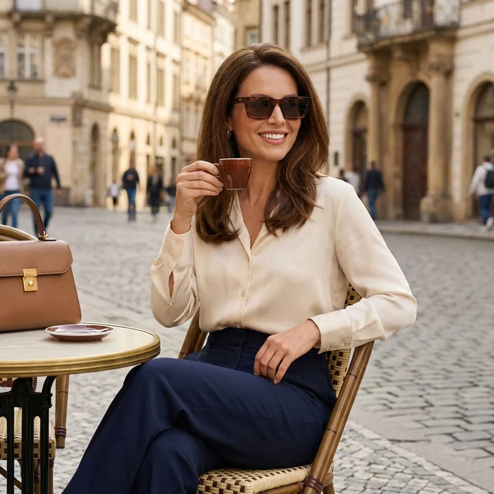 Mujer usando lentes sol Tokyo polarizados UV400 mujer estilo urbano ciudad moderna Bonoboss #color_brown