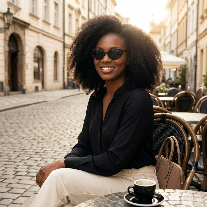 Mujer usando lentes sol Audrey Red polarizados UV400 mujer estilo urbano ciudad moderna Bonoboss #color_negro