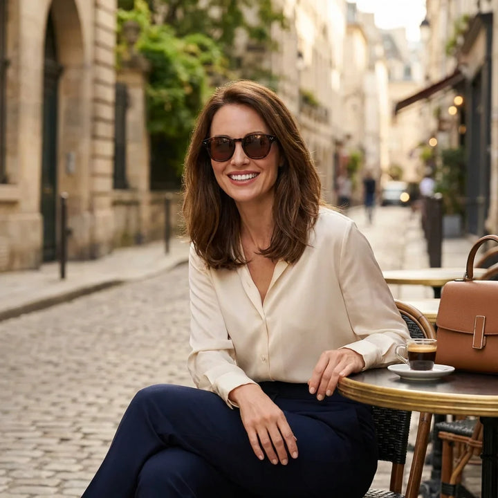 Mujer usando lentes sol Lenga polarizados UV400 mujer estilo urbano ciudad moderna Bonoboss #color_carey