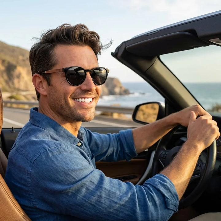 Hombre usando lentes sol Chiloé 220 polarizados UV400 hombre conduciendo reduce fatiga ocular Bonoboss #color_negro