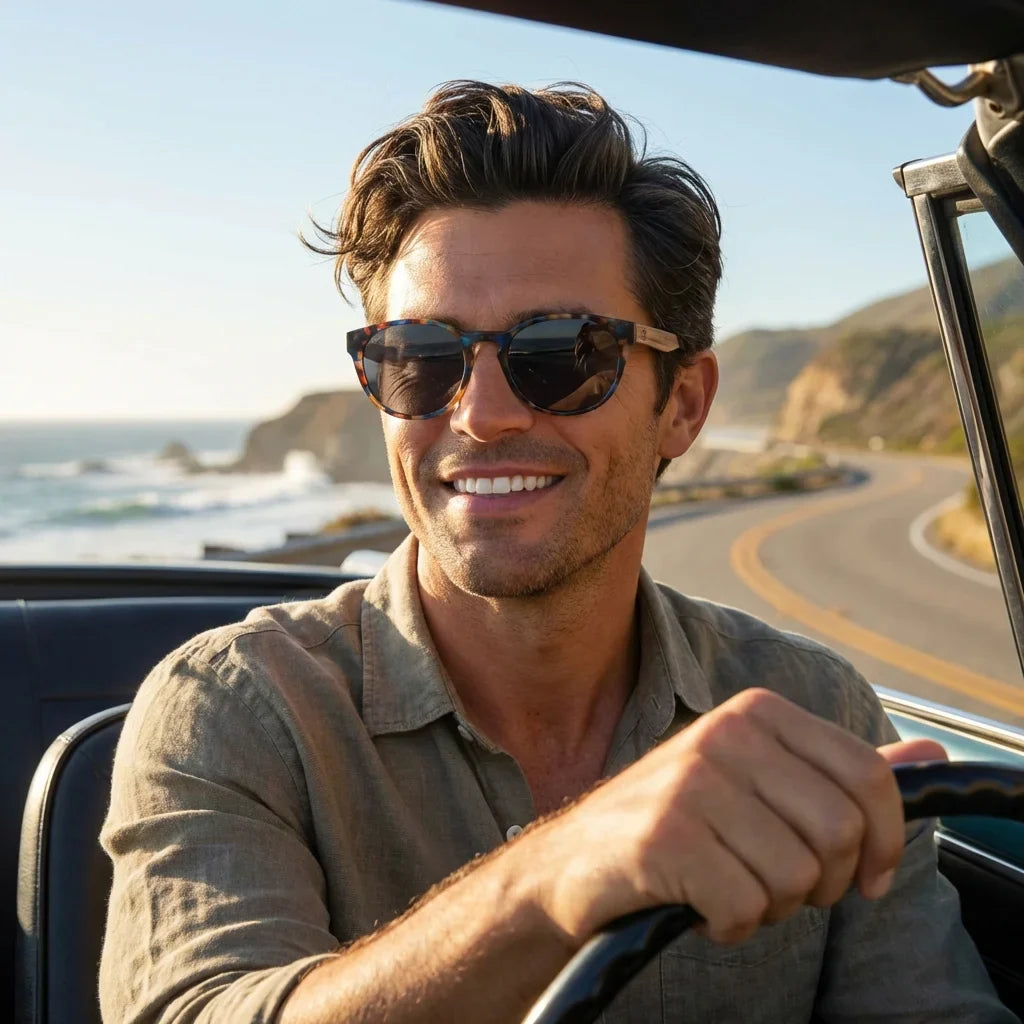 Hombre usando lentes sol Chiloé 110 Carey polarizados UV400 hombre conduciendo reduce fatiga ocular Bonoboss #color_carey