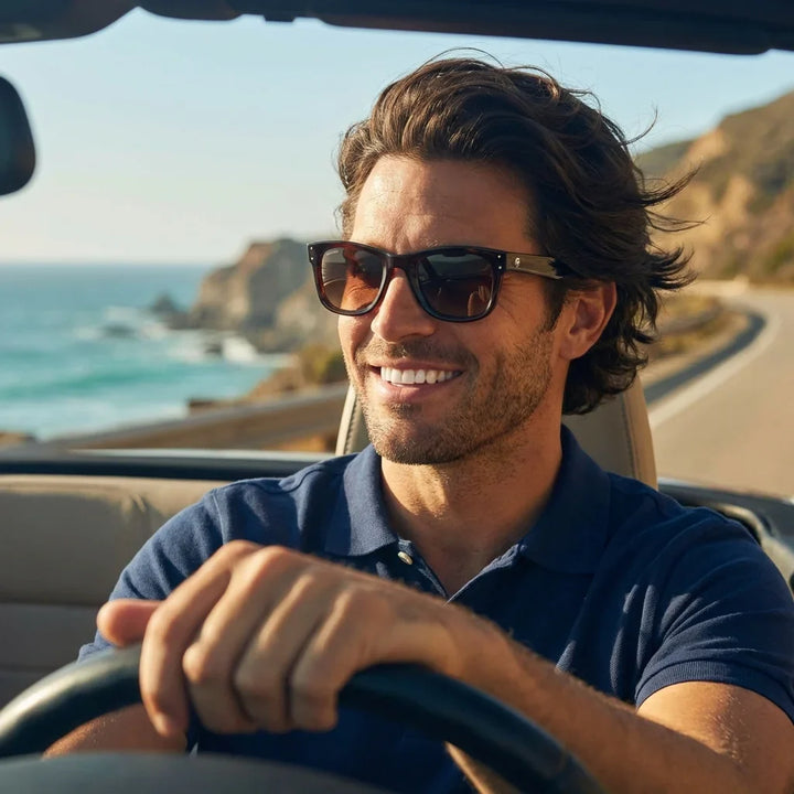 Hombre usando lentes sol Acacia Reverse polarizados UV400 hombre conduciendo reduce fatiga ocular Bonoboss #color_brown