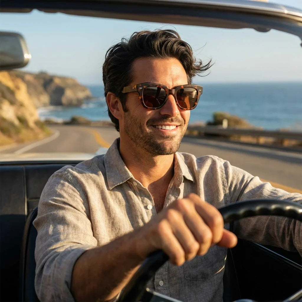 Hombre usando lentes sol Selkie Vintage polarizados UV400 hombre conduciendo reduce fatiga ocular Bonoboss #color_carey