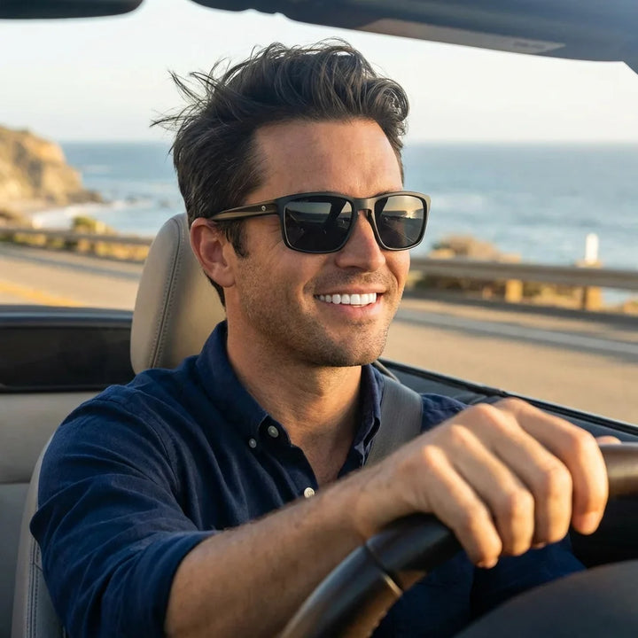 Hombre usando lentes sol Lautaro RPET RPET reciclado polarizados negro conduciendo proteccion solar UV400 Bonoboss #editorial_detail1 #color_negro