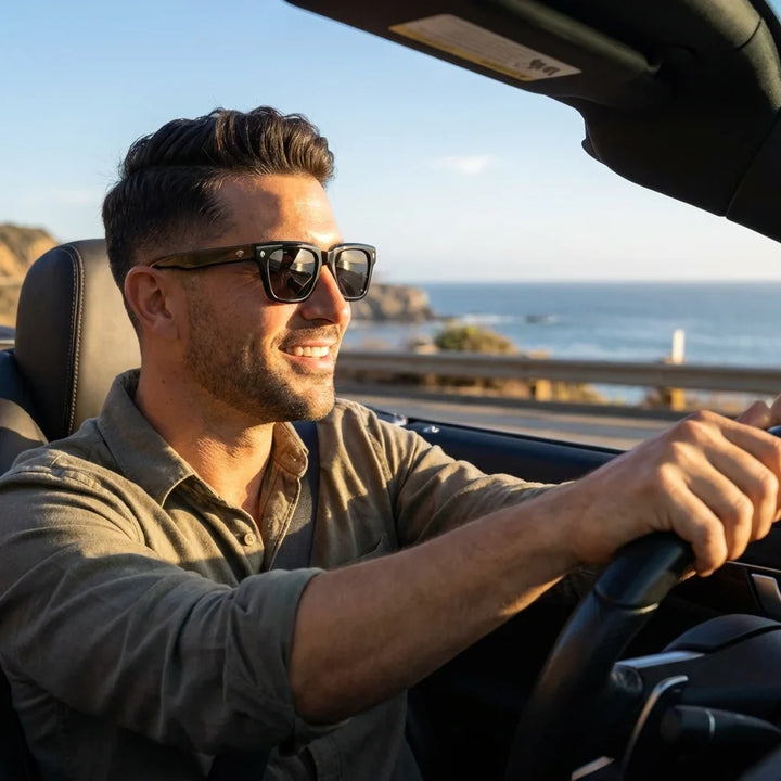 Hombre usando lentes sol Bruno polarizados UV400 hombre conduciendo reduce fatiga ocular Bonoboss #color_negro