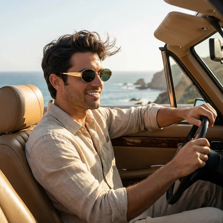 Hombre usando lentes sol New Lennon bio-acetato polarizados g15 conduciendo proteccion solar UV400 carretera Bonoboss #editorial_sustentabilidad #color_g15