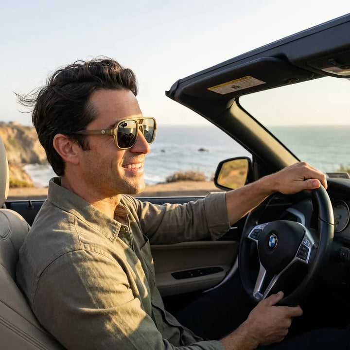 Hombre usando lentes sol Orson RPET reciclado polarizados olive conduciendo proteccion solar UV400 Bonoboss #editorial_detail1 #color_olive