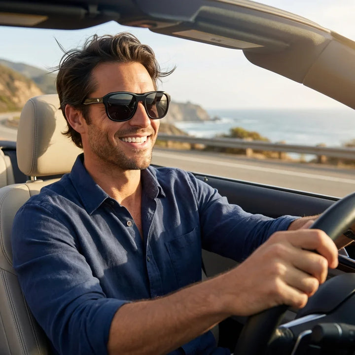 Hombre usando lentes sol Tom polarizados UV400 hombre conduciendo reduce fatiga ocular Bonoboss #color_negro