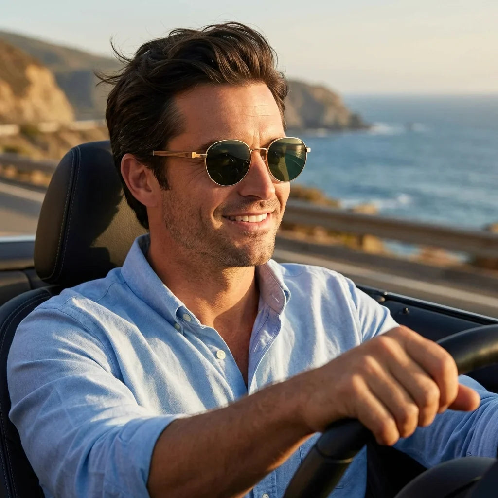 Hombre usando lentes sol Harry Gold metal polarizados g15 conduciendo reduce fatiga ocular carretera UV400 Bonoboss #editorial_detail1 #color_g15