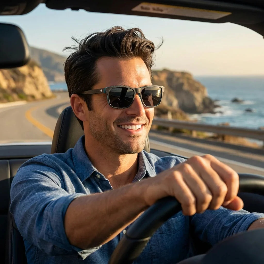 Hombre usando lentes sol Keule madera polarizados darkblue conduciendo proteccion solar UV400 carretera Bonoboss #editorial_banner #color_darkblue