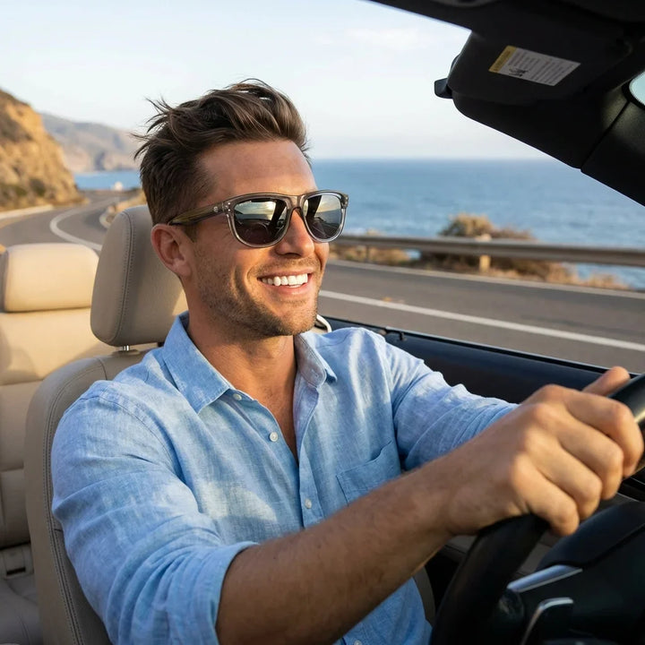 Hombre usando lentes sol GirlFriend Reverse polarizados UV400 hombre conduciendo reduce fatiga ocular Bonoboss #color_espejado-gris