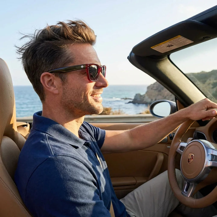 Hombre usando lentes sol Acacia Reverse polarizados UV400 hombre conduciendo reduce fatiga ocular Bonoboss #color_rosado