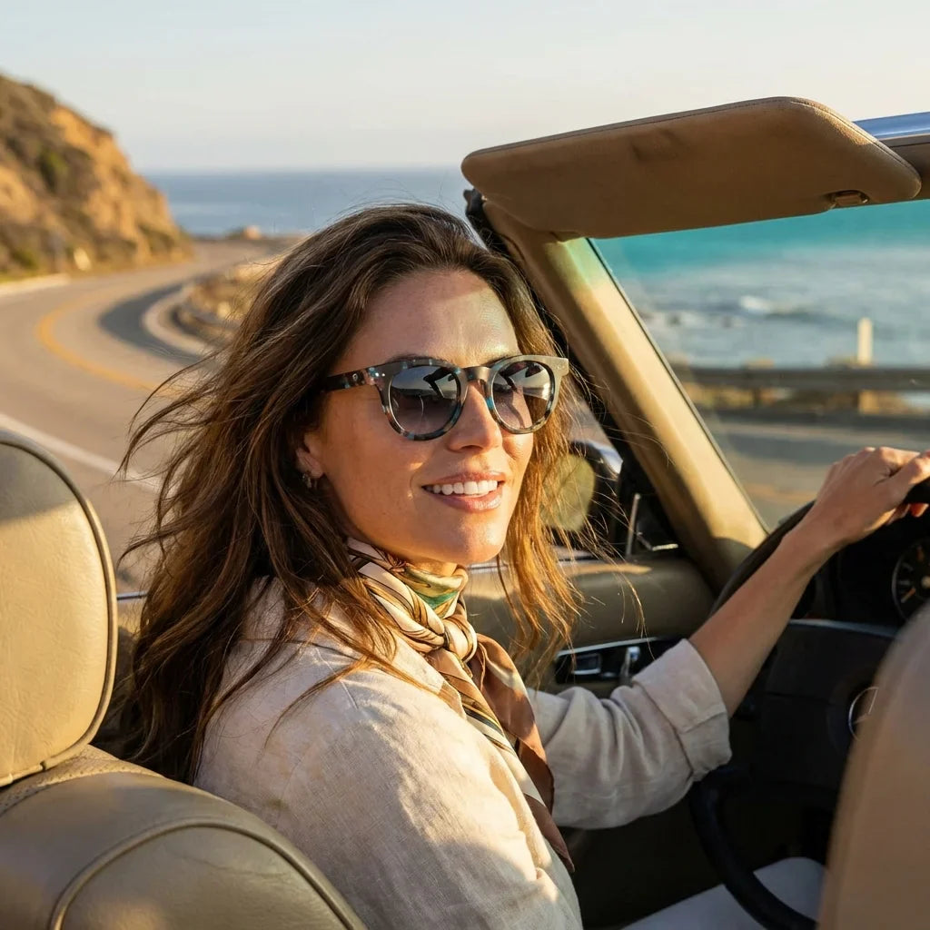 Mujer usando lentes sol Meli bio-acetato polarizados azul marble conduciendo proteccion solar UV400 estilo Bonoboss #editorial_detail1 #color_azul-marble