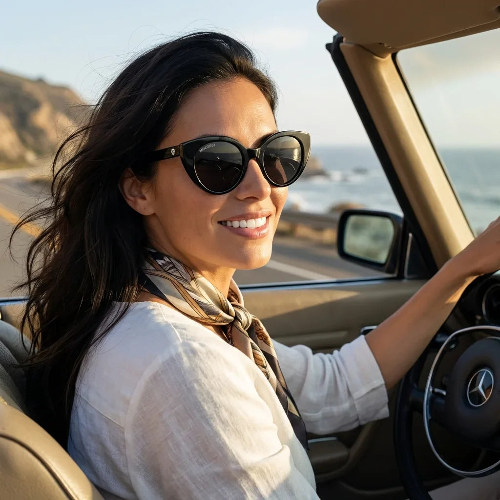 Mujer usando lentes sol Hannover bio-acetato polarizados negro conduciendo proteccion solar UV400 estilo Bonoboss #editorial_detail1 #color_negro