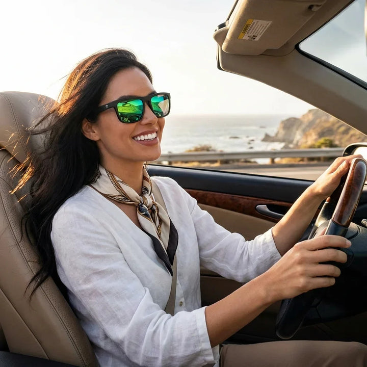 Mujer usando lentes sol Lautaro Dark acetato polarizados espejado verde conduciendo proteccion solar UV400 Bonoboss #editorial_detail1 #color_espejado-verde