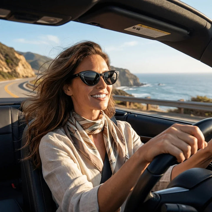 Mujer usando lentes sol Havana bio-acetato polarizados negro conduciendo proteccion solar UV400 estilo Bonoboss #editorial_detail1 #color_negro
