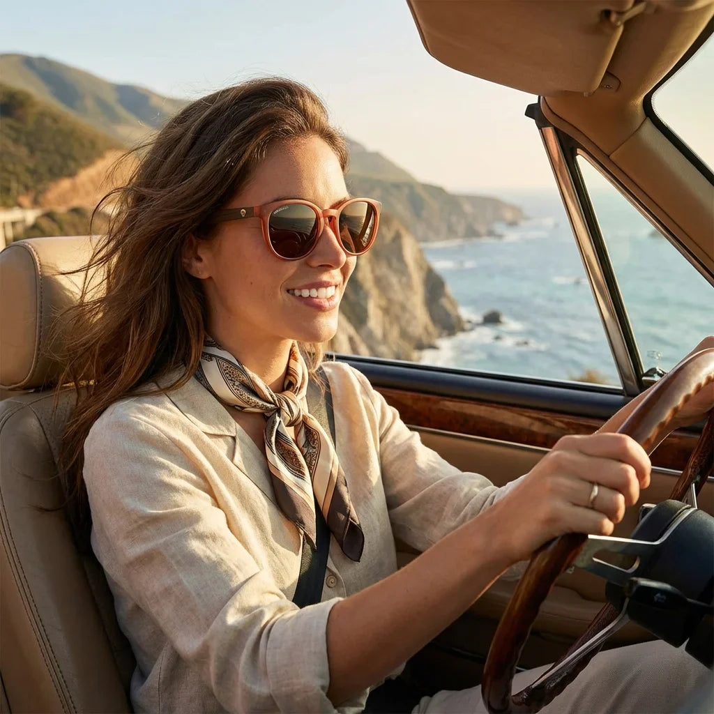 Mujer usando lentes sol Meli Wine madera wine polarizado polarizados Brown mujer conduciendo reduce fatiga ocular Bonoboss #editorial_detail1 #color_brown