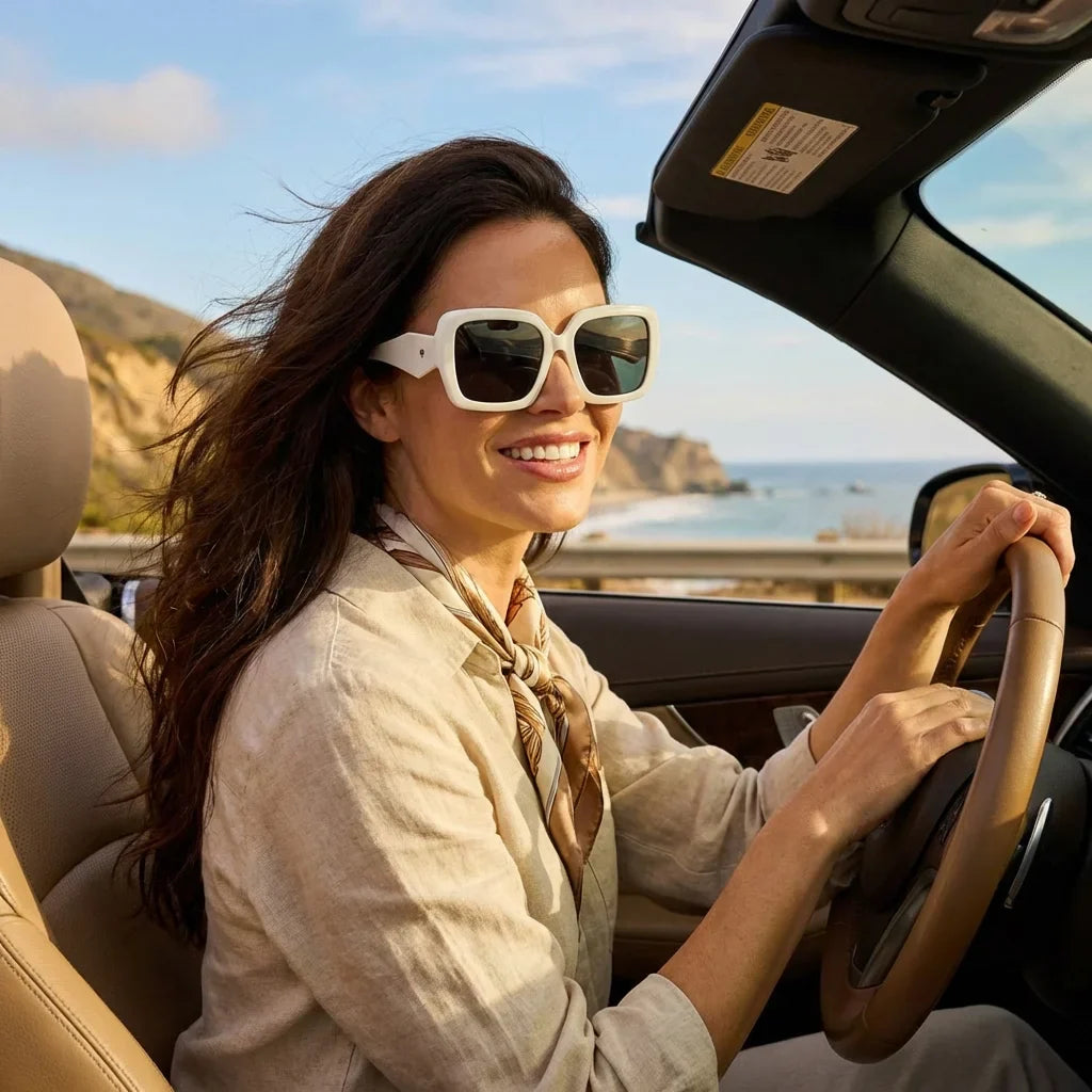 Mujer usando lentes sol Alaska polarizados blanco conduciendo proteccion solar UV400 Bonoboss #editorial_sustentabilidad #color_blanco