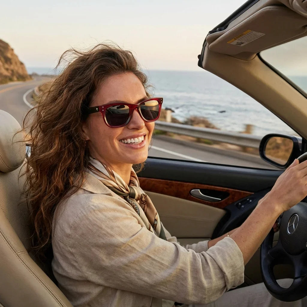 Mujer usando lentes sol Acacia Reverse polarizados UV400 mujer conduciendo proteccion solar carretera Bonoboss #color_rosado