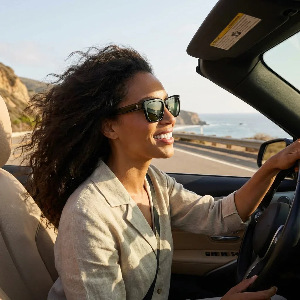 Mujer usando lentes sol Amsterdam polarizados negro conduciendo proteccion solar UV400 Bonoboss #editorial_sustentabilidad #color_negro