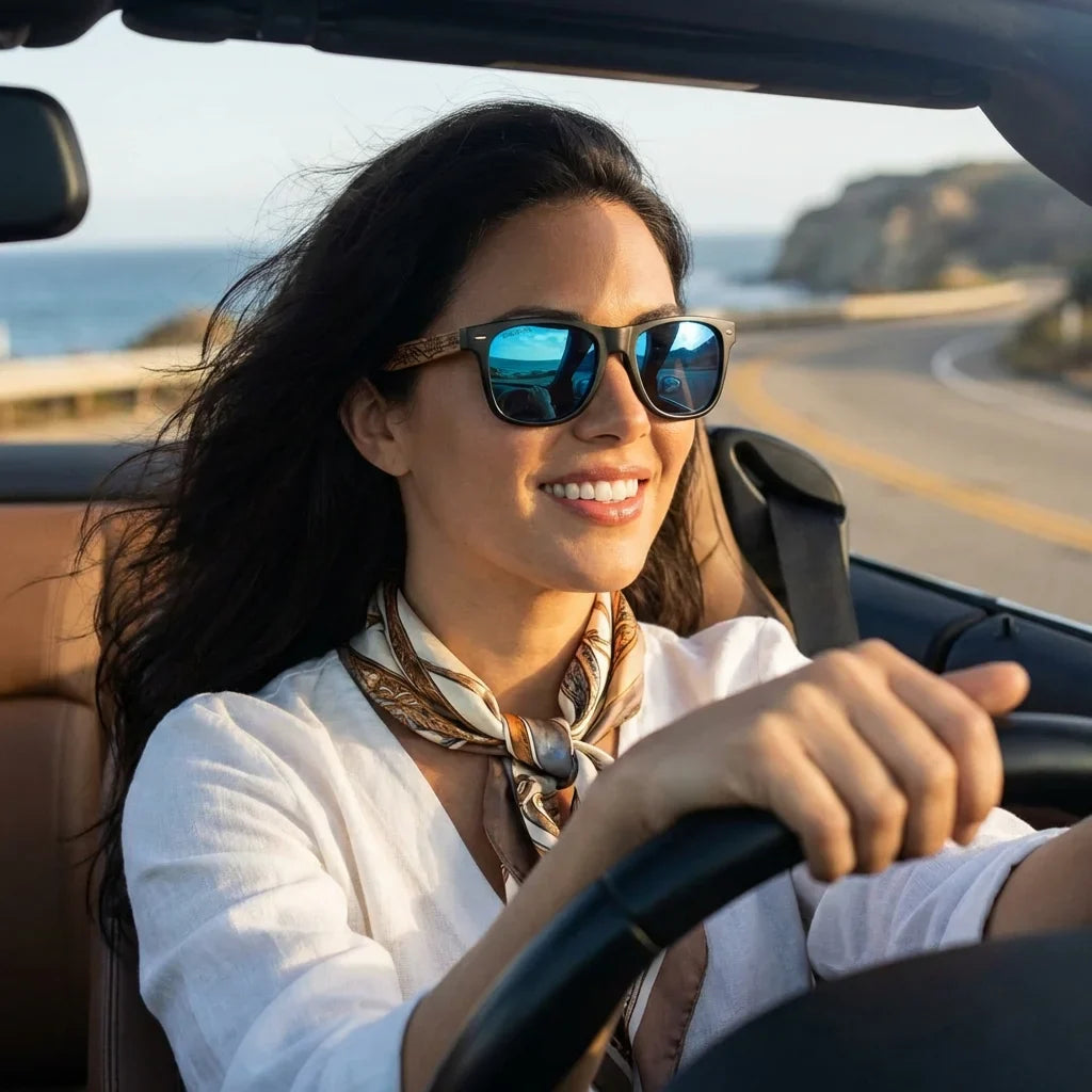 Mujer usando lentes sol Acacia Designers polarizados waves sky conduciendo proteccion solar UV400 Bonoboss #editorial_detail1 #color_waves-sky