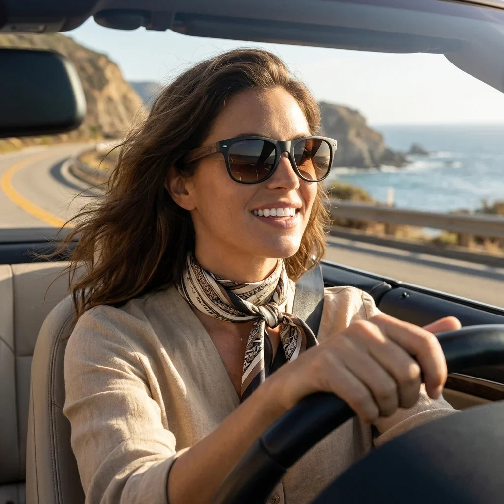 Mujer usando lentes sol Acacia Nogal polarizados UV400 mujer conduciendo proteccion solar carretera Bonoboss #color_gradiente-cafe