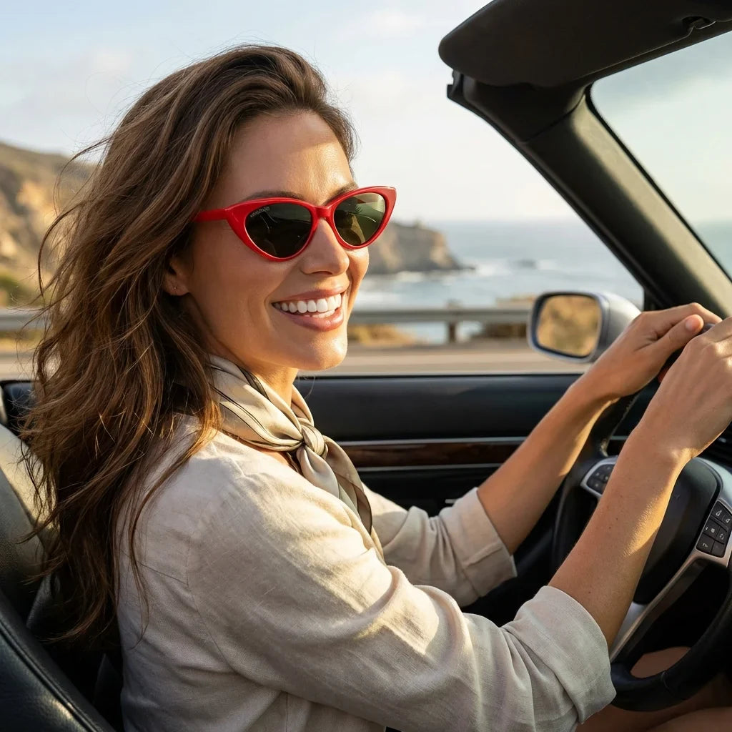 Mujer usando lentes sol Audrey Red polarizados rojo conduciendo proteccion solar UV400 Bonoboss #editorial_detail1 #color_rojo
