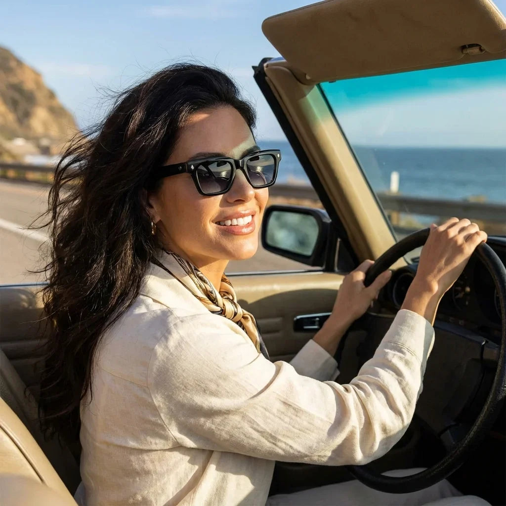 Mujer usando lentes sol Bruno polarizados UV400 mujer conduciendo proteccion solar carretera Bonoboss #editorial_detail1 #color_degrade