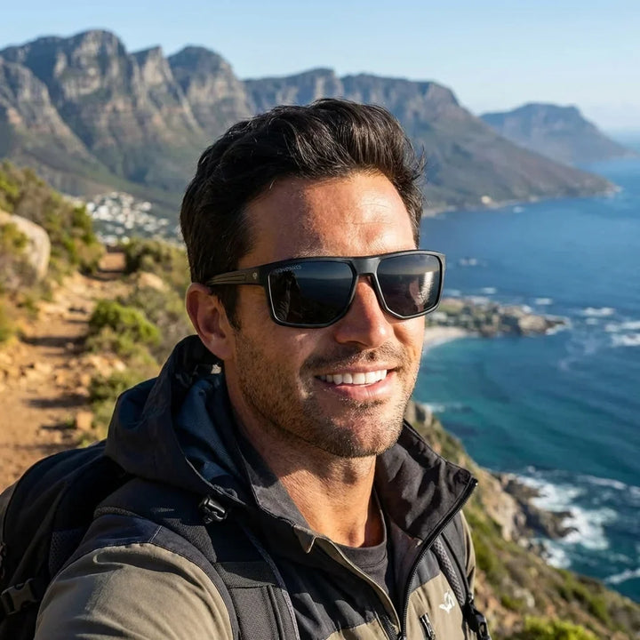 Hombre usando lentes sol Ollie bio-acetato polarizados negro aventura outdoor sendero naturaleza proteccion UV Bonoboss #editorial_sustentabilidad #color_negro