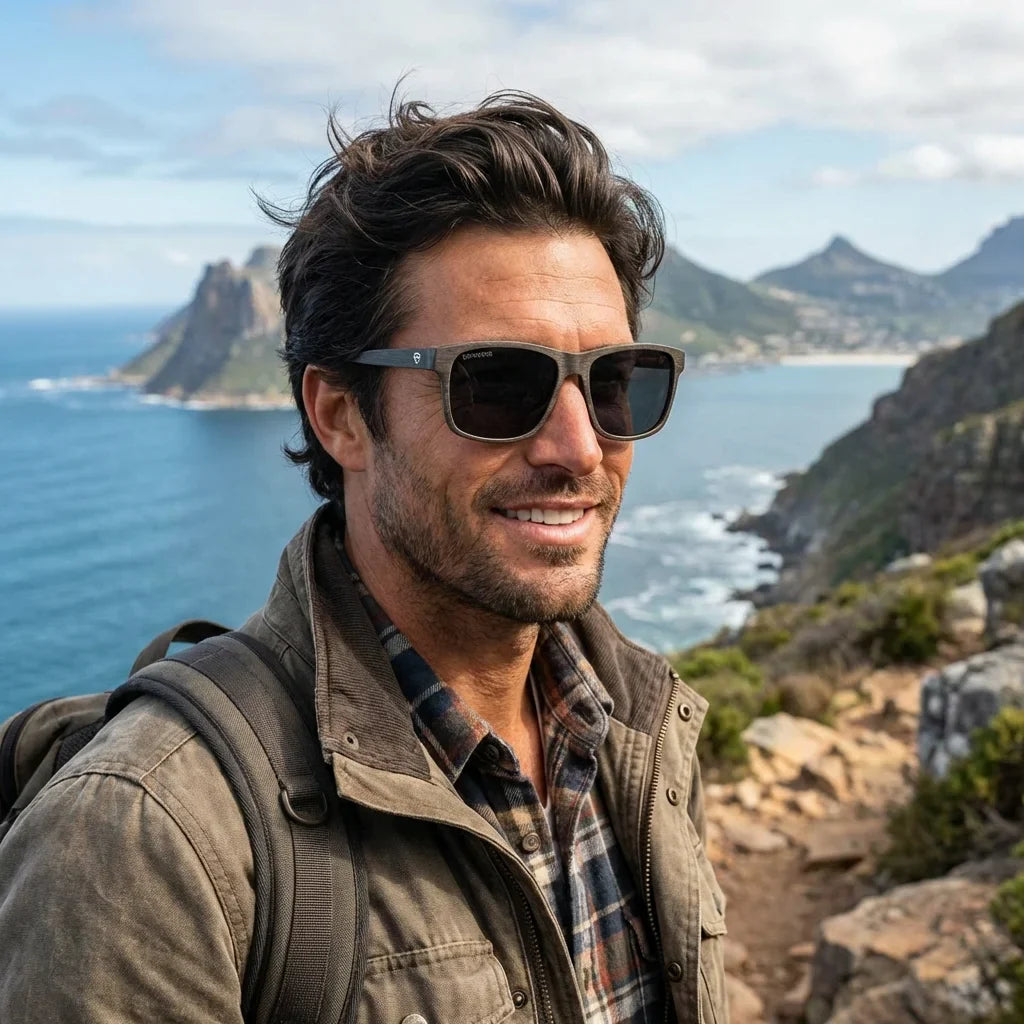 Hombre usando lentes sol Keule XL madera polarizados cacao aventura outdoor sendero naturaleza proteccion UV Bonoboss #editorial_banner #color_cacao