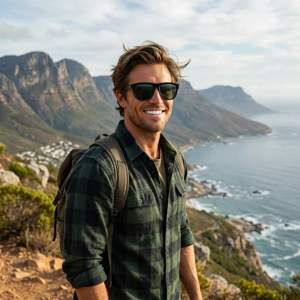 Hombre usando lentes sol GirlFriend Reverse bio-acetato polarizados g15 aventura outdoor naturaleza proteccion UV Bonoboss #editorial_banner #color_g15