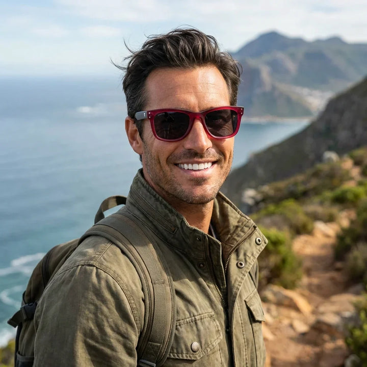 Hombre usando lentes sol Acacia Reverse polarizados UV400 hombre aventura outdoor naturaleza proteccion UV Bonoboss #color_rosado