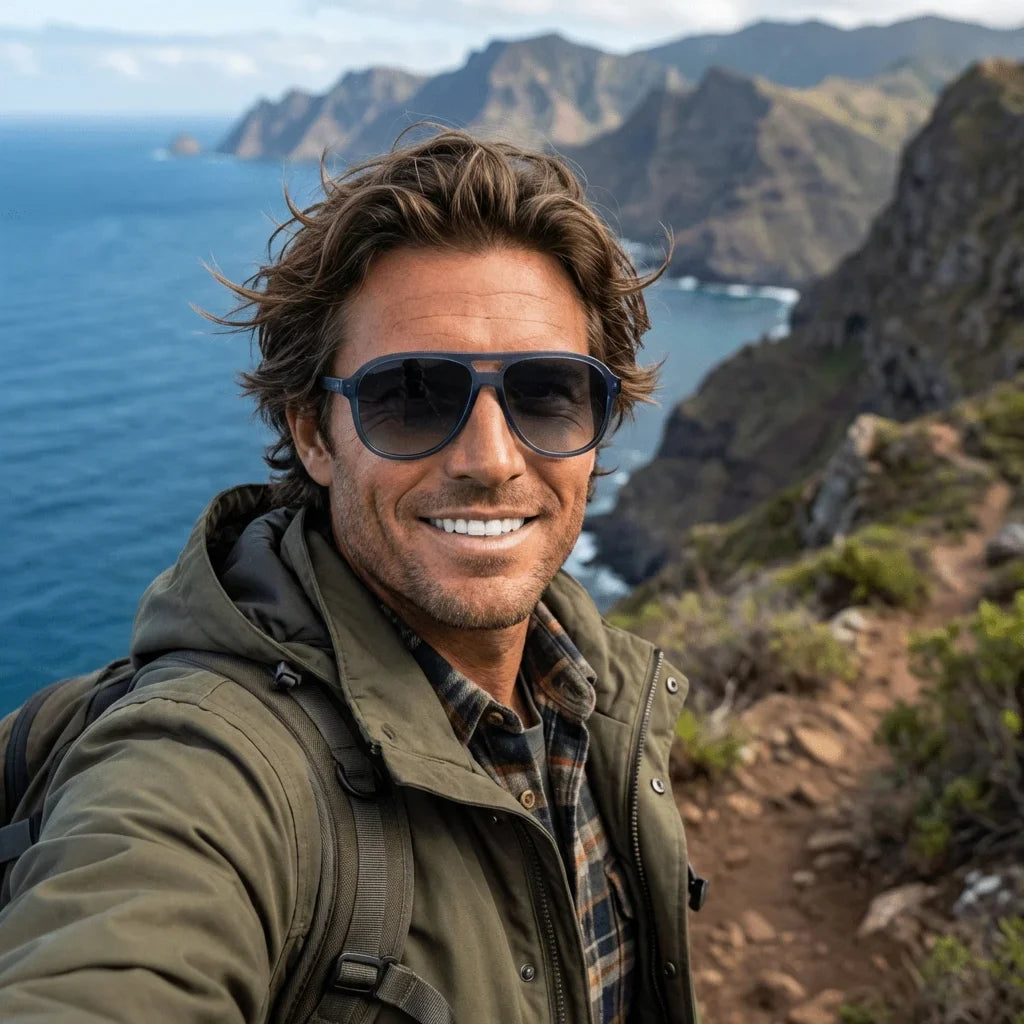 Hombre usando lentes sol Orson bio-acetato polarizados azul aventura outdoor sendero montaña naturaleza Bonoboss #editorial_sustentabilidad #color_azul