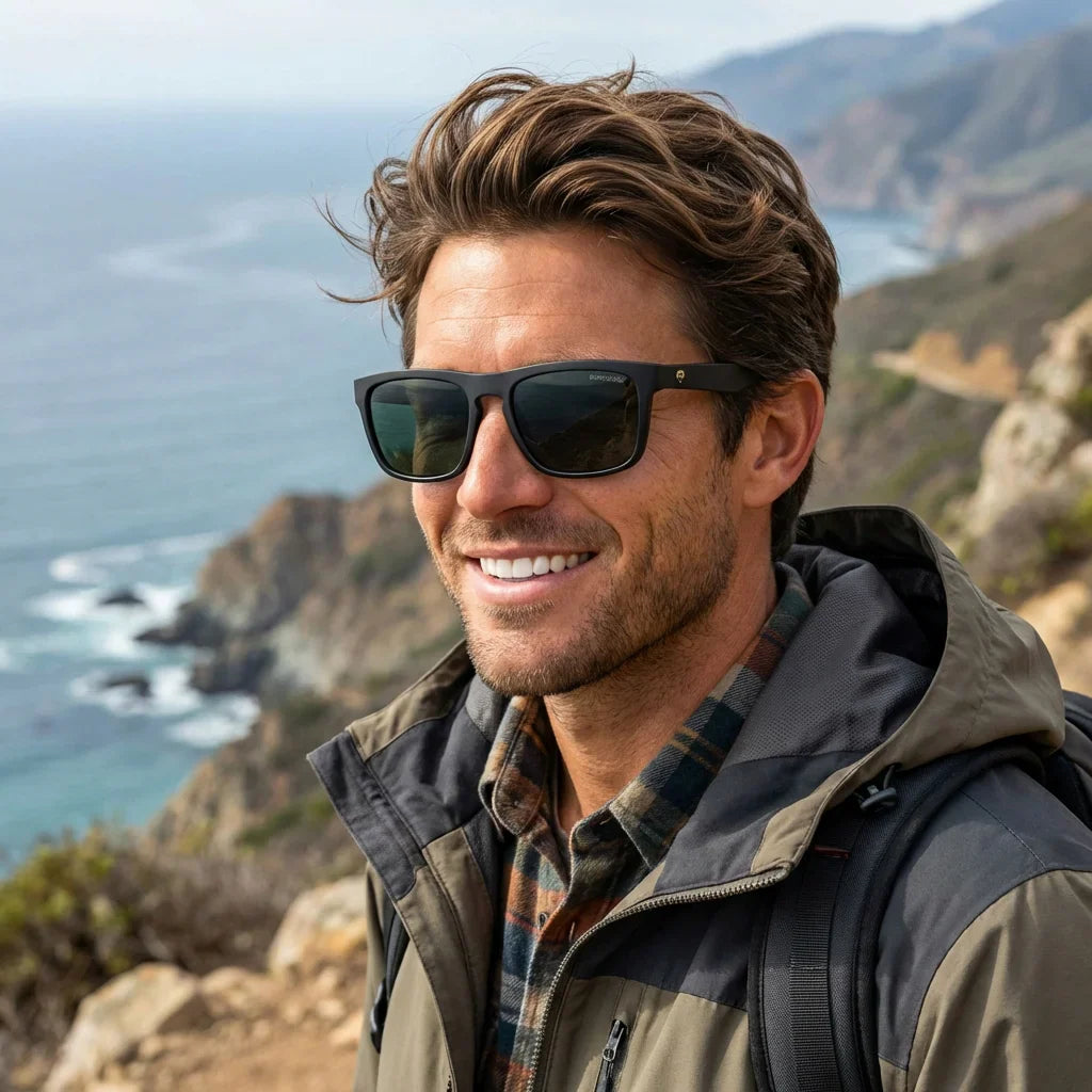 Hombre usando lentes sol Lautaro Dark acetato polarizados G15 aventura outdoor montaña naturaleza Bonoboss #editorial_sustentabilidad #color_g15