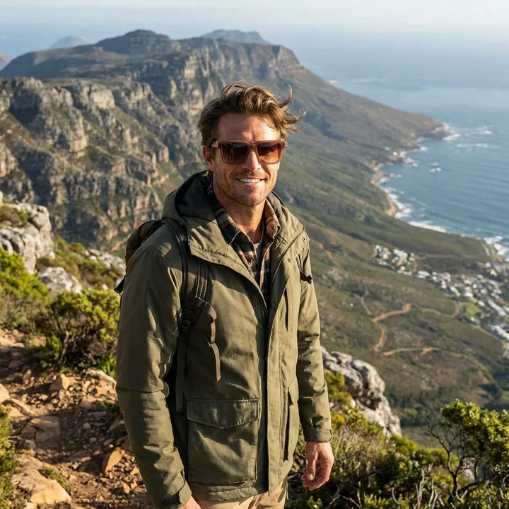 Hombre usando lentes sol Montenegro bio-acetato polarizados brown aventura outdoor sendero naturaleza proteccion UV Bonoboss #editorial_sustentabilidad #color_brown