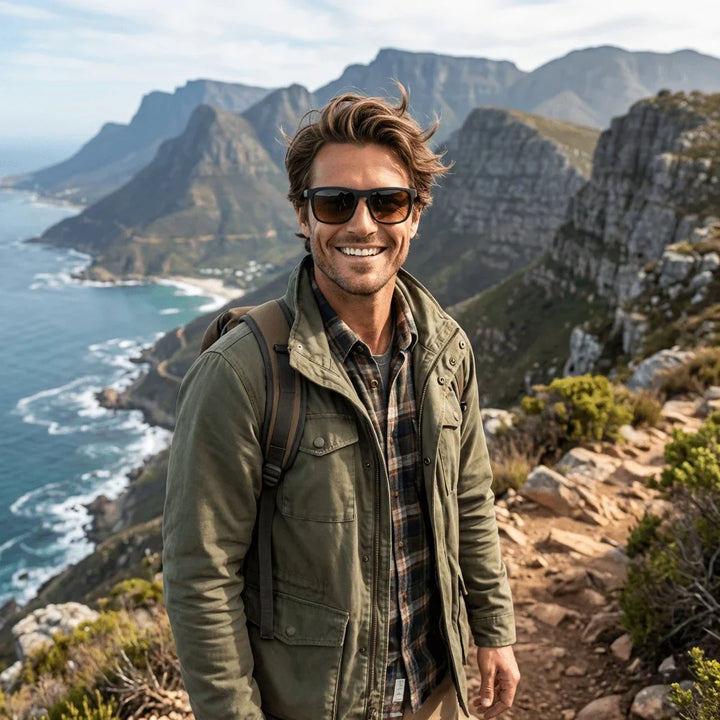 Hombre usando lentes sol Lautaro Dark acetato polarizados flash silver aventura outdoor montaña naturaleza Bonoboss #editorial_sustentabilidad #color_flash-silver