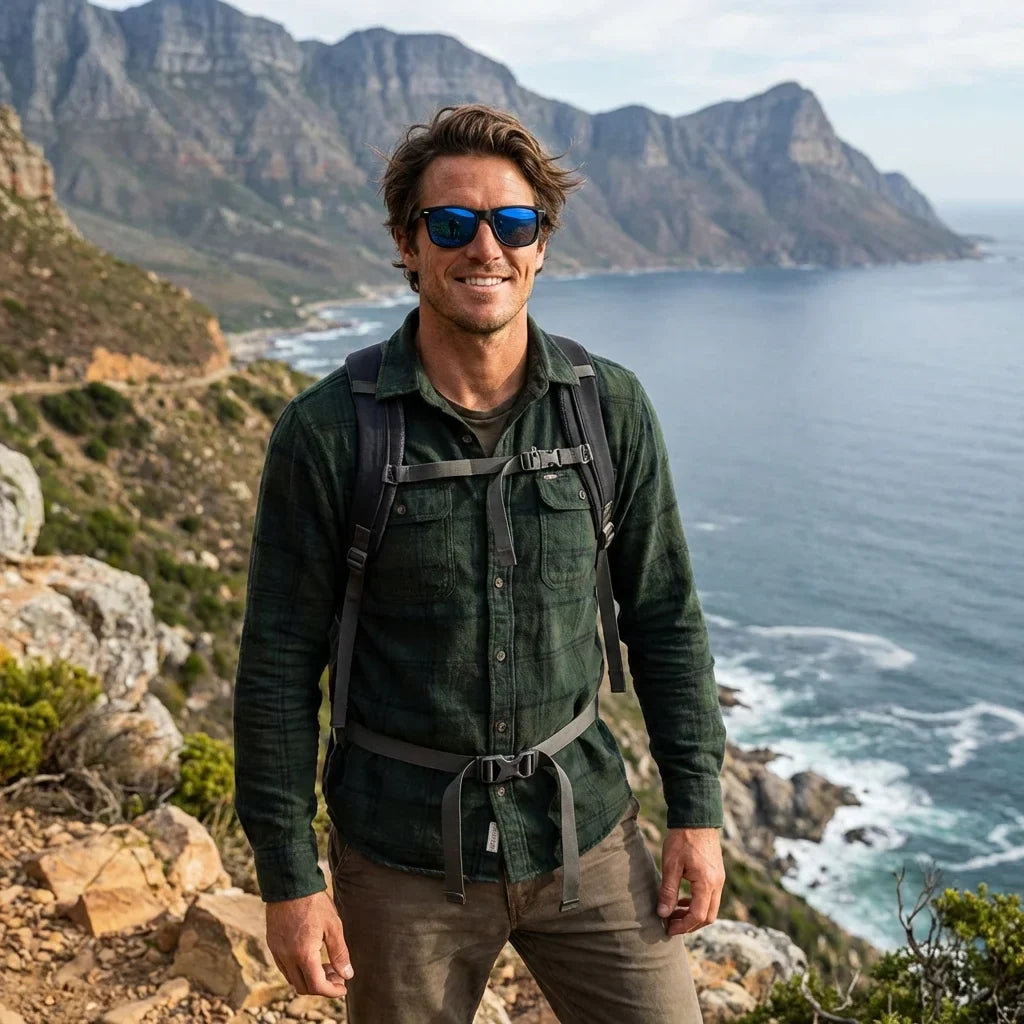 Hombre usando lentes sol Acacio rPET RPET reciclado polarizados sky aventura outdoor montaña naturaleza Bonoboss #editorial_sustentabilidad #color_sky