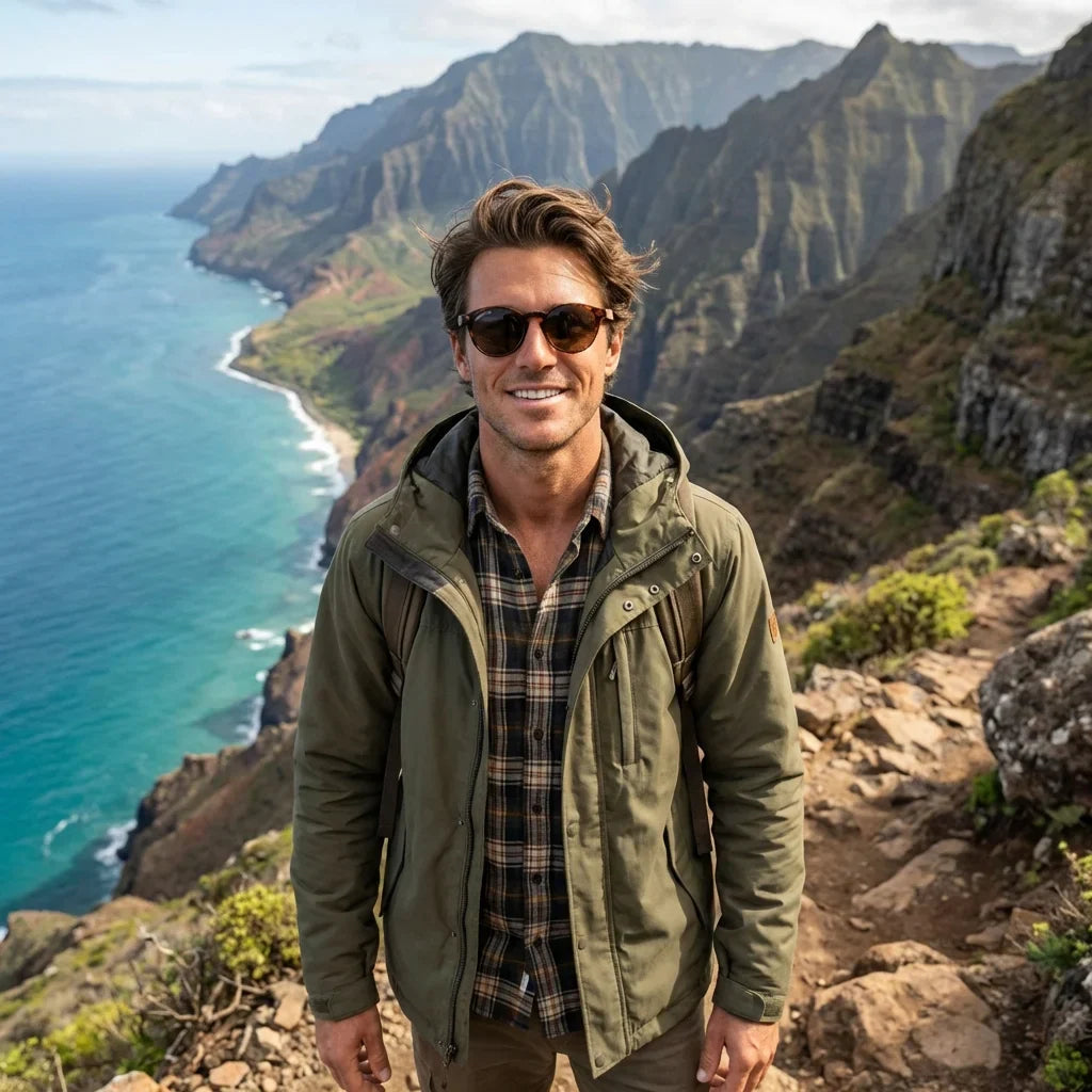 Hombre usando lentes sol Paine bio-acetato polarizados carey aventura outdoor montaña naturaleza proteccion UV Bonoboss #editorial_sustentabilidad #color_carey
